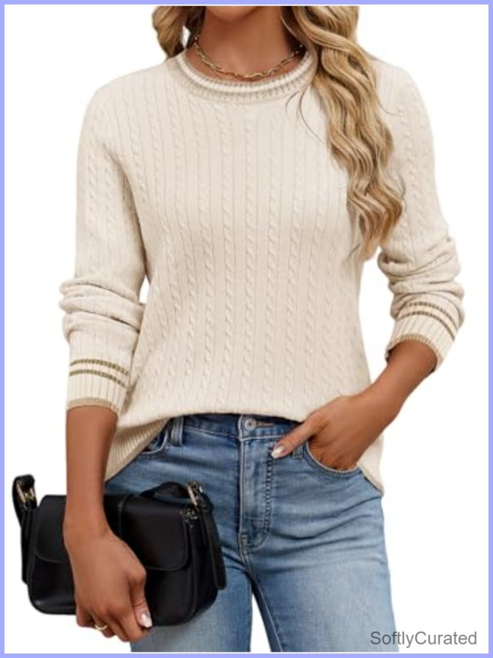 Womens Cable Knit Pullover Sweater Crew Neck Long Sleeve Nylon Viscose Blend